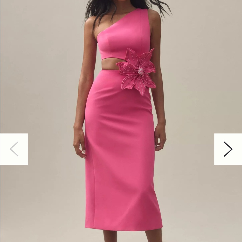 PatBO One-Shoulder Pink Appliqué Midi-Dress
